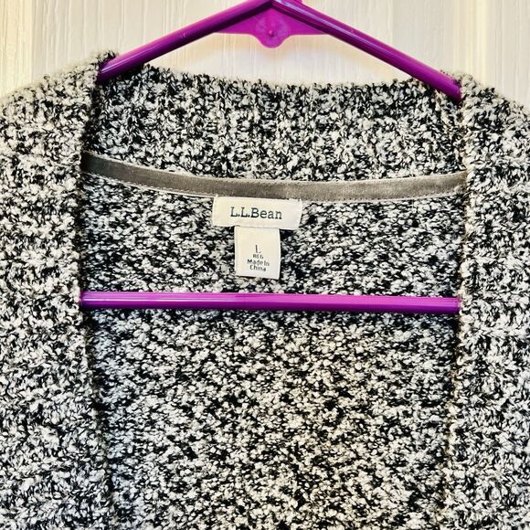 L.L Bean Open Front L Cardigan Wool Blend Knitted Black & White Duster Boho Boxy - Picture 3 of 9
